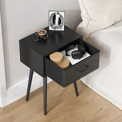 Small Black Nightstands Set of 2, Bedside Table with Fabric Drawer, Modern End Table with Metal Leg, Couch Side Table for Bedroom Living Room, Sofa, Office LNT504B
