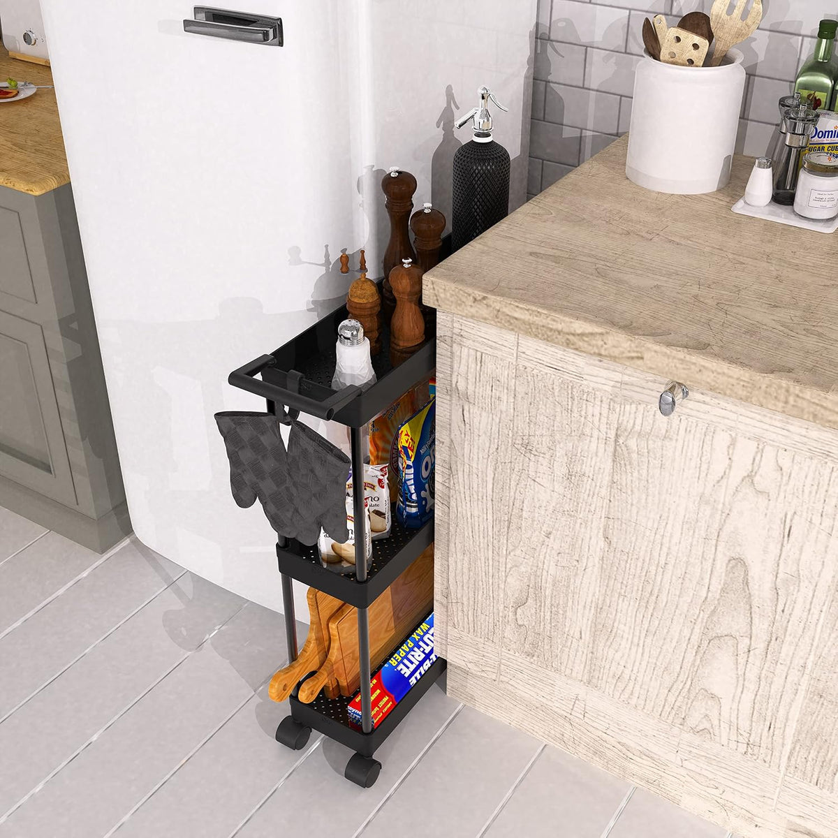 Simple Houseware 3-Tier Slim/Narrow Storage Cart with Handle, 5.5'' Wide x 27.5'' Height Rolling Organizer for Kitchen, Bathroom, Laundry Room - Black