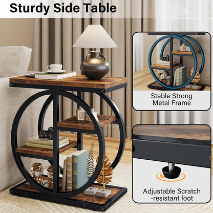 End Tables for Living Room, 4-Tier Narrow Side Table with Storage Space, Wood Slim Sofa Side Table with Geometric Metal Frame, Industrial Skinny Nightstand and Bedside Table, Rustic Brown