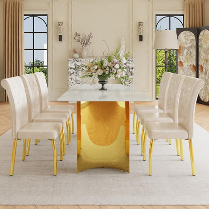 71" Dining Table Set for 6, White Faux Marble Dining Room Table Set for 6 with PU Leather Chairs and Gold Metal Legs, Easy Clean Kitchen Dining Set