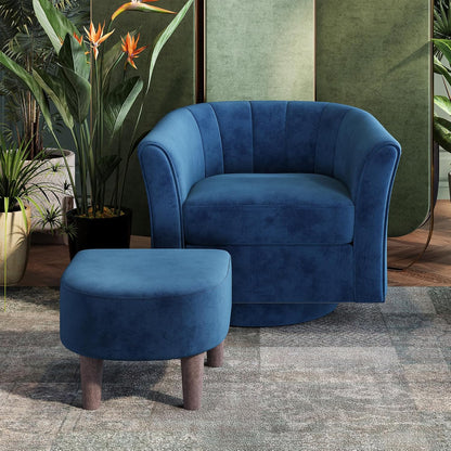 LINSY Large Swivel Accent Chair with Ottoman, Velvet Barrel Chair with Footrest, Modern Upholstered Comfy Reading Chair Armchair for Living Room, Bedroom, Study Room, Office, Blue