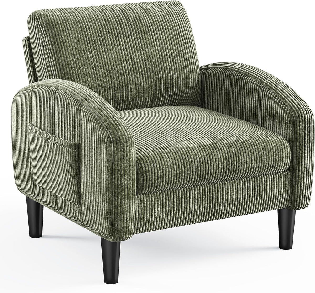 Homkdom Accent Chair with Side Pockets & Ergonomic Backrest,Green | Corduroy fabric, 6.3" thick cushion with pocket coil springs. Solid wood frame, 300 lbs capacity. Fits any small space.