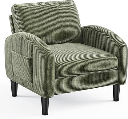 Homkdom Accent Chair with Side Pockets & Ergonomic Backrest,Green | Corduroy fabric, 6.3" thick cushion with pocket coil springs. Solid wood frame, 300 lbs capacity. Fits any small space.