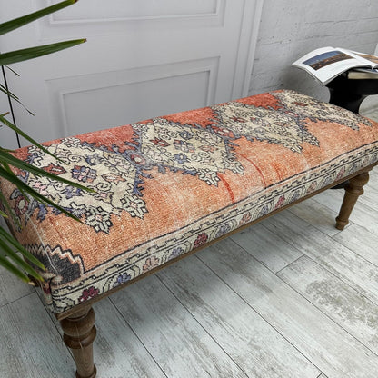 Ottoman Bench with Rug Upholstered Handmade Wood Work for Boho Farmhouse Kitchen Dining Room Entryway Footstool Livingroom Bedroom, Piano Bench, Coffee Bench (Era-62, 18x18x48)