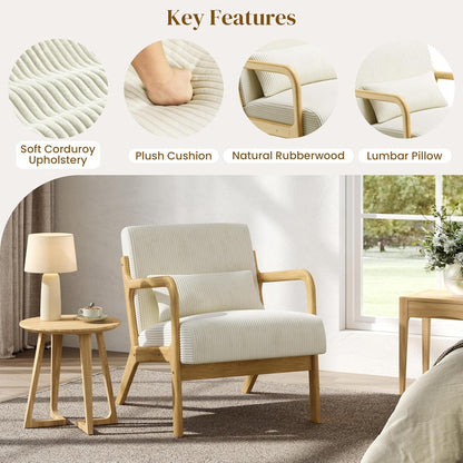 Yaheetech Accent Chair for Living Room, Corduroy Mid Century Modern Reading Armchairs with Lumbar Pillow for Bedroom, Decorative Sofa Chair for Adult Beige/Set of 1