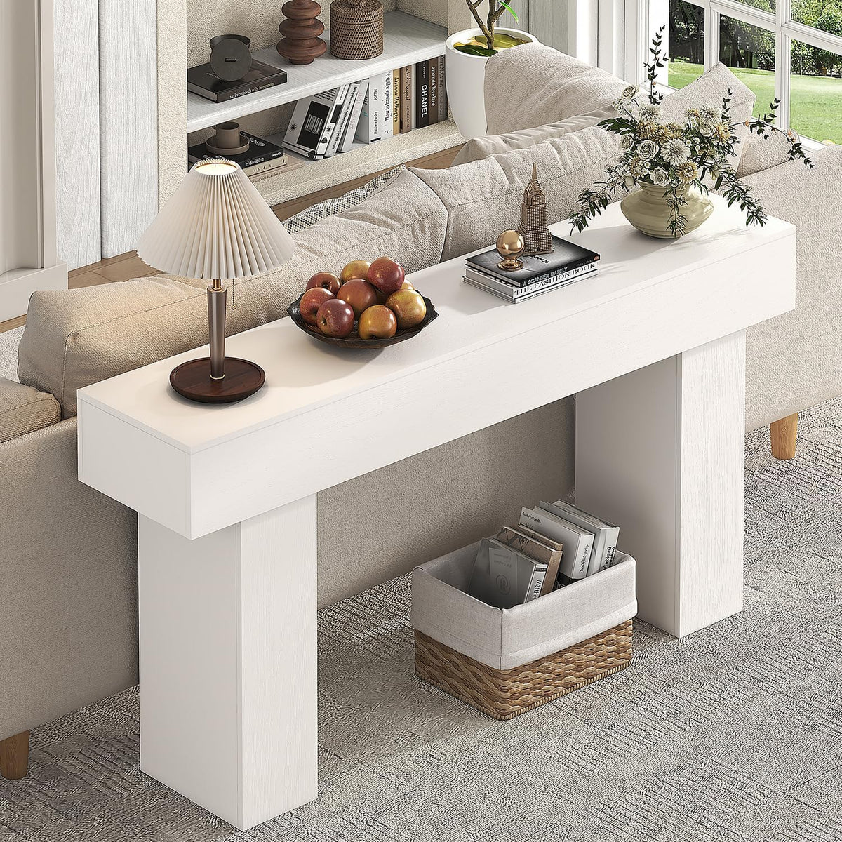 63 Inch Long Console Table for Entryway, Farmhouse Wood Rectangular Sofa Table Behind Couch Table, Narrow Entryway Table for Living Room, Entrance, Hallway, Foyer, Easy Assembly (Classic White)
