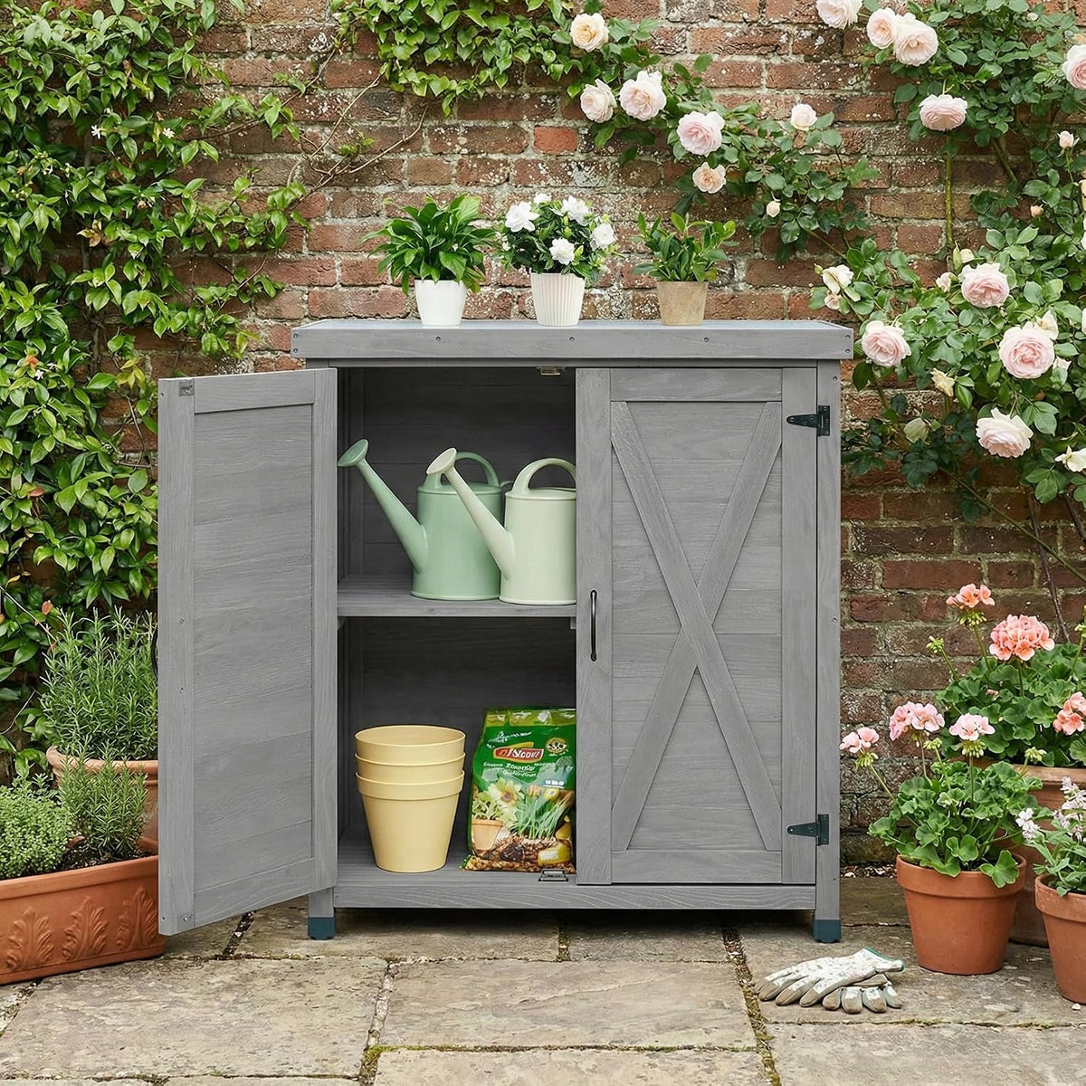 31" Weatherproof Living Room Cabinet, Practical Cabinets with X-Shape Frame, Storage Locker with Magnetic Door for Patio, Gray