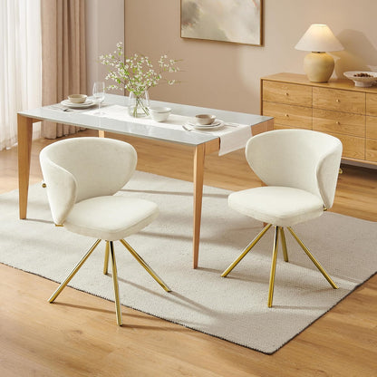 Art Leon Swivel Dining Chairs Set of 2 - Modern Fabric Upholstered Kitchen Dining Room Chairs, Armless Accent Chairs with Golden Metal Legs, Side Chairs for Vanity, Off White
