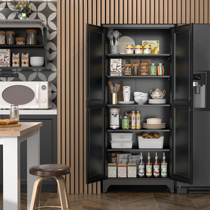 SteeLoong 75”Metal Pantry Storage Cabinet with Doors & 5 Adjustable Shelves | Kitchen Pantry Cabinet,Black Kitchen Cabinet with 2 Gold Handles,Tall Cabinet for Livingroom,Pantry, Bathroom,Kitchen,Garage