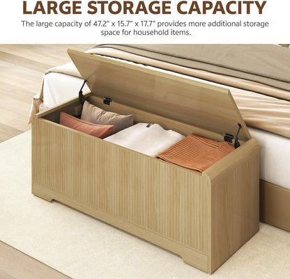 Storage Chest, 47.2" Large Entryway Bench with Storage, Wooden Storage Chest for Bedroom w/Lift Top, Modern Blanket Chest with 2 Safety Hinges for Entryway Living Room Hallway, Natural