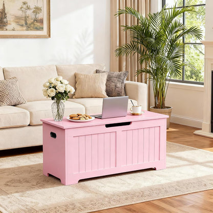 SUPER DEAL Storage Chest, 39 inches Chest Box Organizer with 2 Safety Hinges, Wooden Entryway Shoe Organizer Storage Bench, Pink