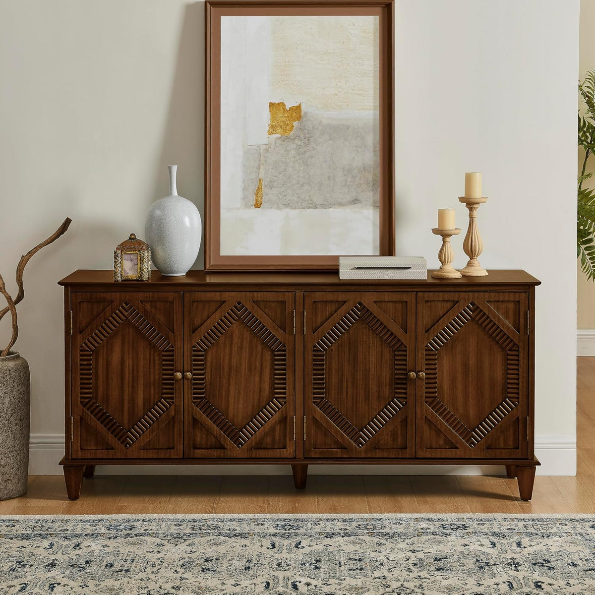 KEIKI 65.2" Mid Century Modern Sideboard Buffet Cabinet with Storage, Walnut Credenza Console Table with Adjustable Shelf, Farmhouse Coffee Bar Wine Cabinet for Living Room, Entryway, Kitchen, Walnut