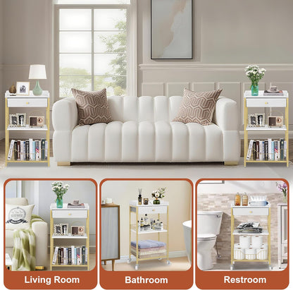 Gold & White Side Table with Storage Basket, Tall End Table with Drawer, 4-Tier Bathroom Storage Shelf with Optional Wheels, Nightstand for Dorm, Living Room, Bedroom