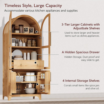 71" Tall Arched Kitchen Pantry Cabinet with Door Shelves, Farmhouse Storage Cabinet with Open & Adjustable Shelves, Hidden Drawer & Glass Door, Cupboard for Kitchen, Dining Room (Natural)
