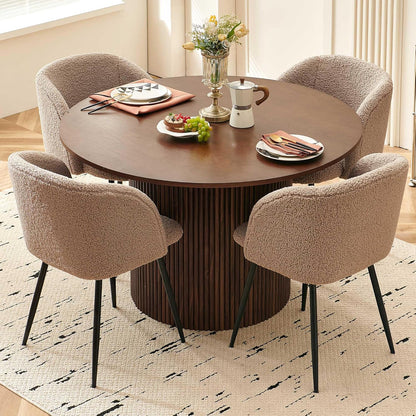 NORDICANA 5-Piece Wooden Round Dining Room Table and Chair Set, 47-Inch Kitchen Table with Barrel Chairs for 4, Brown Upholstered Sherpa Dining Set, MDF Core with Walnut Finish
