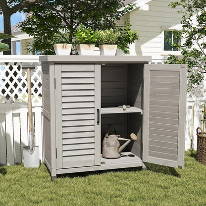 32" Solid Wood Storage Cabinet, Sideboard Cabinets with Metal Table Top, Living Room Organizer with Louvered Ventilation for Outdoor Patios, Grey
