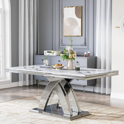 Modern 70" White Marble Dining Table for 6-8 – Rectangular Faux Marble Kitchen & Dining Room Table with Silver Stainless Steel X-Shape Bases, Living Room Furniture
