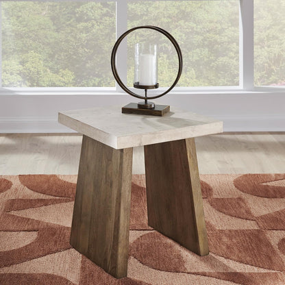 Signature Design by Ashley Brendalhouse Casual End Table with Faux Cement Top and Double Plinth Base, Solid Mango Wood, Melamine Laminate, Casually Cool Design, Light Brown & White