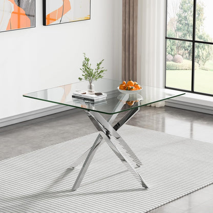 36 inch Square Glass Dining Table, Modern Dining Table for 4, Square Kitchen Table with Tempered Glass Top & Silver Chrome Metal Legs for Dining Room, Living Room, Apartment, Small Space