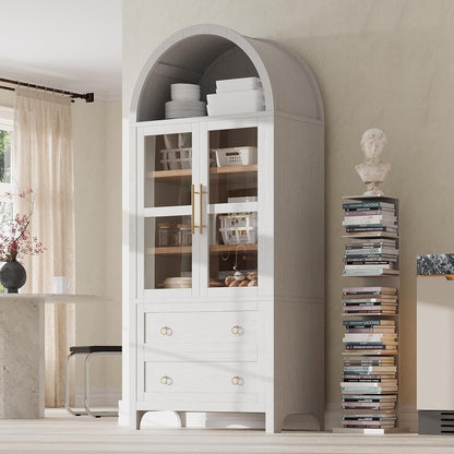 71" Tall Arched Kitchen Pantry Cabinet, Modern Farmhouse Freestanding Food Storage Cabinet with 2 Large Drawers & Adjustable Shelves, Glass Door Wood Cupboard for Kitchen & Dining Room,White
