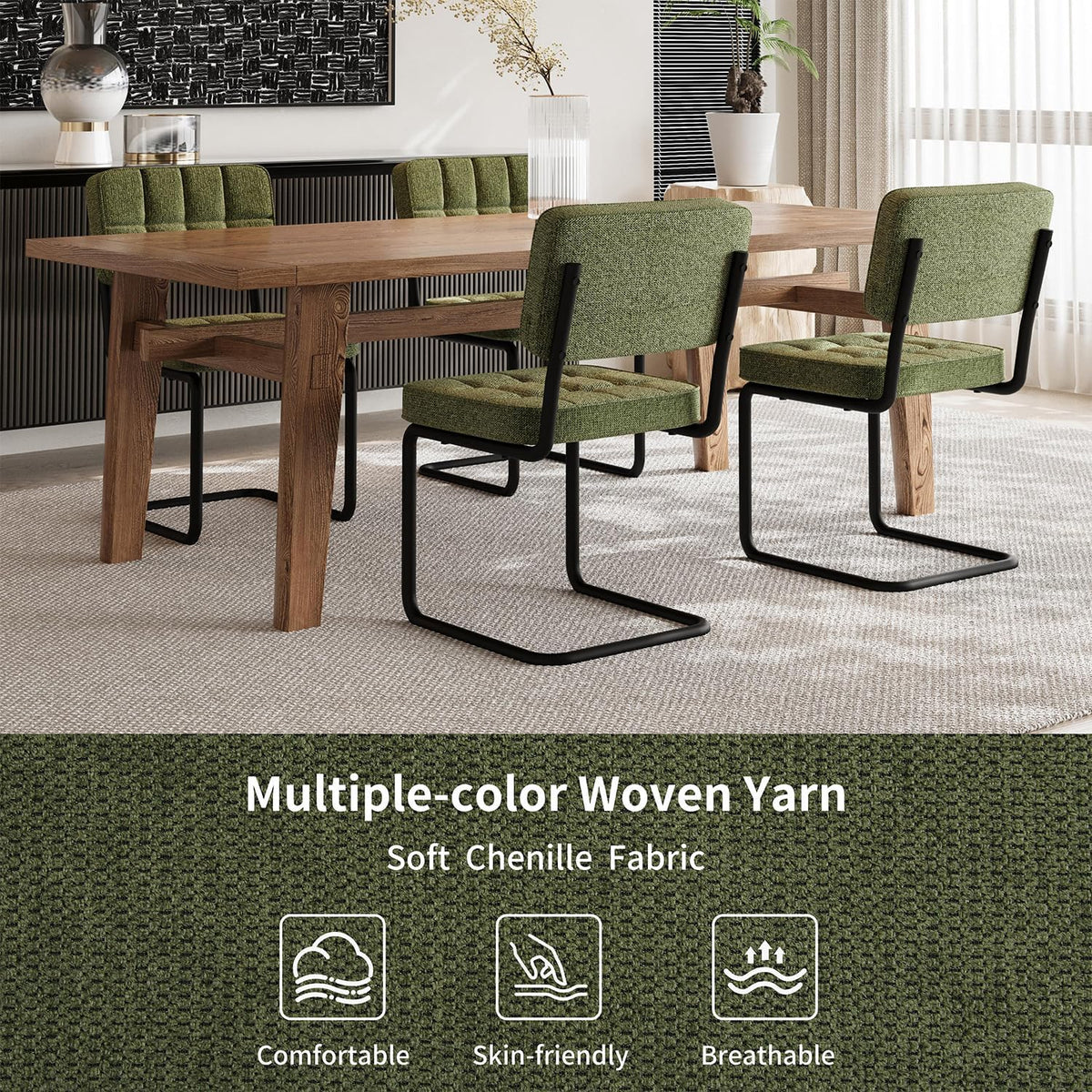 Mid-Century Modern Dining Chairs Set of 2 with Metal Legs, Green | Upholstered Chenille Cantilever Dining Chairs with Ergonomic Backrests, Armless Design, Padded Seats for Dining Room