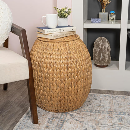 Eyely SSL1000A Noel 17" Bohemian Handwoven Hyacinth Barrel Wicker Storage Basket with Lid Side Table, Accent Table for Bathroom, Bedroom, Living Room, Natural