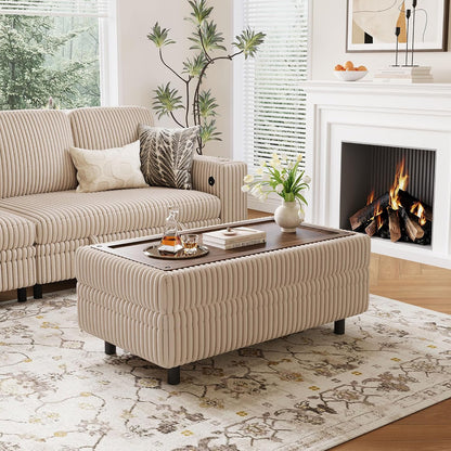 LINSY HOME Storage Ottoman Bench, 40" Convertible Coffee Table Plush Corduroy Foot Rest Ottoman for Living Room, Bedroom, Guest Room, Entryway, Beige