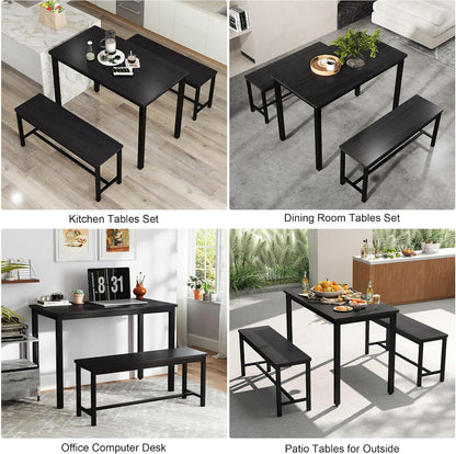 Dining Table Set for 4, Kitchen Table with 2 Benches, 3-Piece Wood Dining Room Furniture Dinette Chairs Sets for Breakfast Nook and Small Space, Black