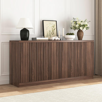 63" Fluted Buffet Cabinet Sideboard with Storage,Large Credenza with 4 Doors with Adjustable Shelves,Wood Mid Century Modern Sideboard for Kitchen, Living Room,Entryway(Walnut)