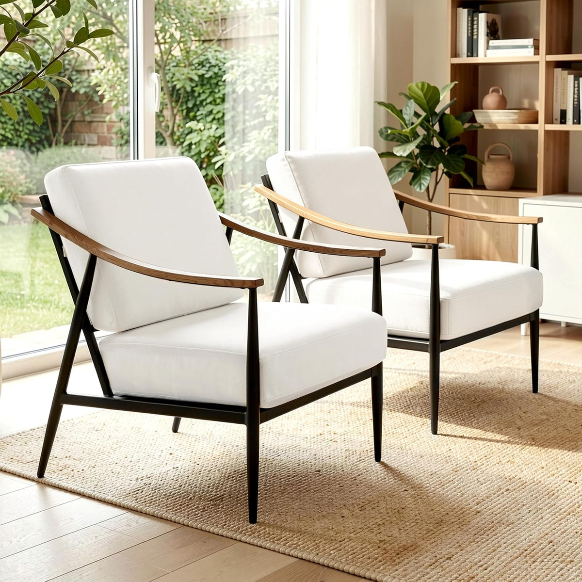 RNKSFX Modern Accent Chair for Living Room Bedroom Mid Century Arm Chair Upholstered Office Accent Chair Comfy Waiting Room Chair with Metal Frame, Cream White