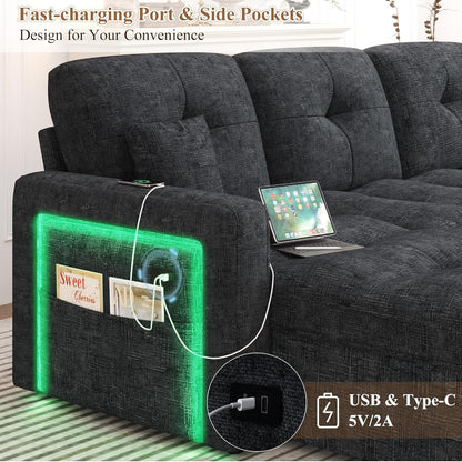 81'' LED L-Shaped Sectional Couch for Living Room, Sleeper Sofa Bed, Black | Comfy Chenille Cloud Couch, Pull Out Bed, Storage Chaise, 5-level Adjustable Backrest, USB Charging, 2 Pillow, 900LB Capacity