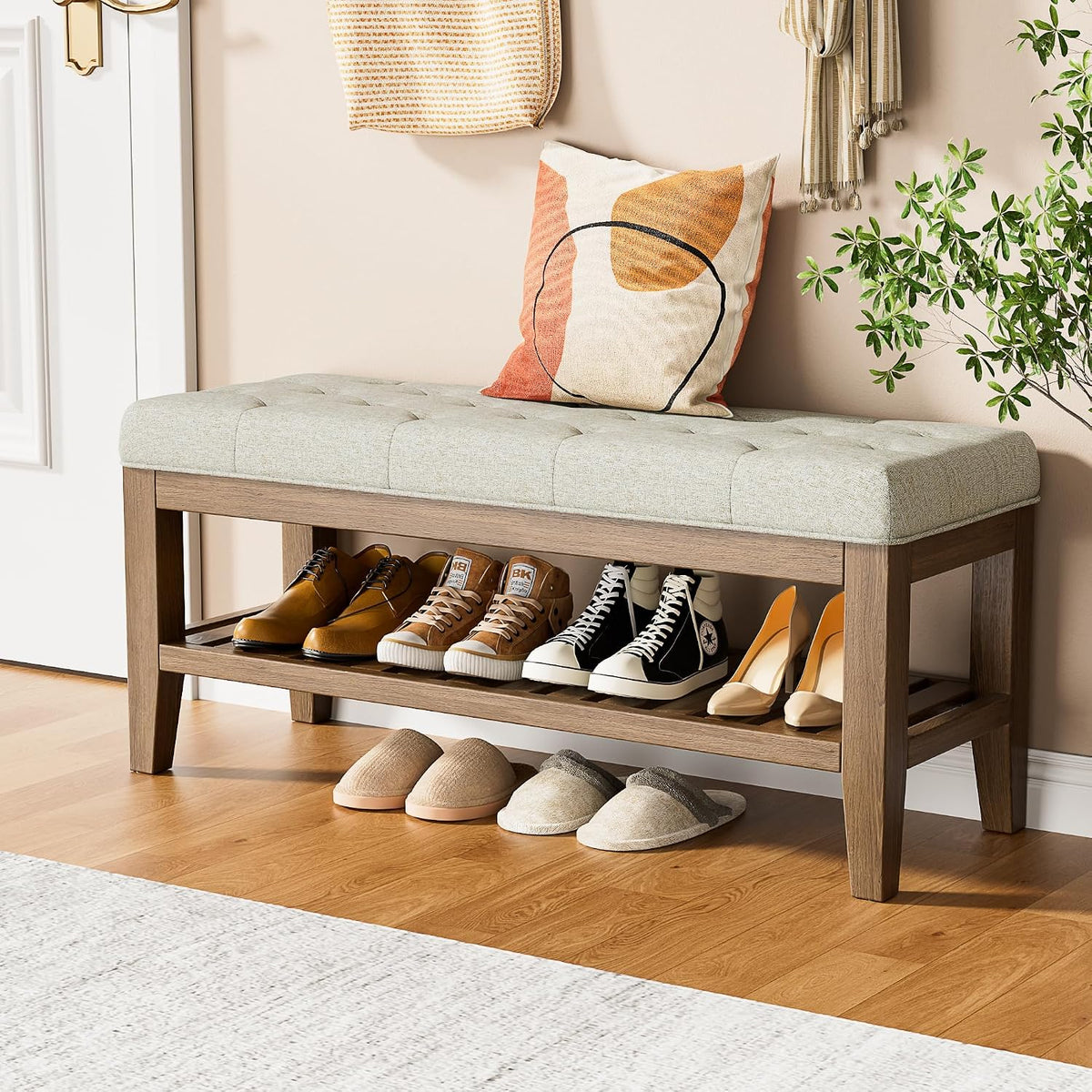 YaFiti End of Bed Storage Bench, 42.9" Entryway Shoe Bench with Solid Wood Shelf, Upholstered Ottoman with Padded Seat for Bedroom, Hallway and Living Room, Beige