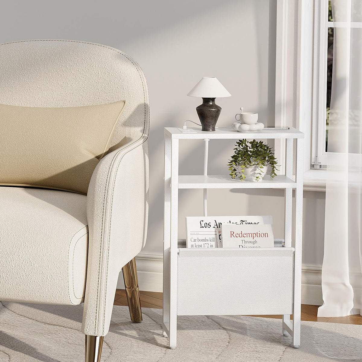 Narrow Side Table with Charging Station Slim End Table Sofa with Magazine Rack, Bedside Table for Small Spaces, 3 Tier Nightstand for Living Room Couch, Bedroom White LET503WE