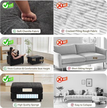 57.5" Oversized Chenille Chair with Movable Ottoman, Black Deep Seat Comfy Upholstered Chaise Lounge Reading Accent Armchair with Side Pocket, Single Sleeper Sofa for Living Room Bedroom Small Space