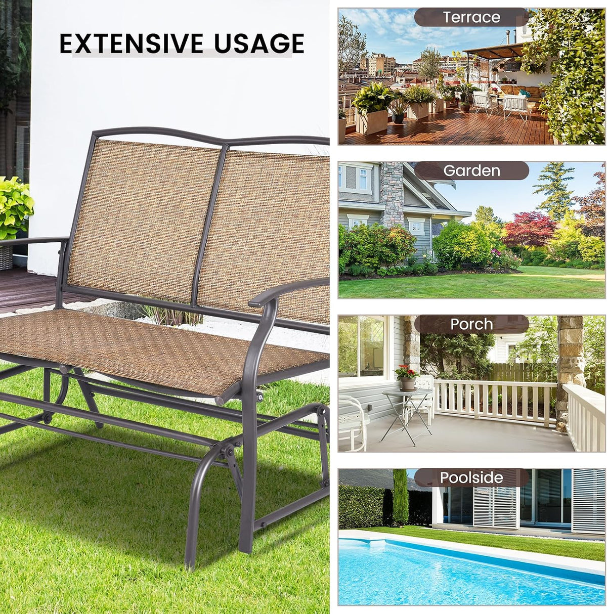 GIANTEX Patio Glider Benches for Outside, Swing Glider Chair w/Steel Frame | 400 LBS Capacity, Patio Swing Rocker, 2-Person Loveseat for Backyard, Poolside, Lawn, Balcony, Porch Glider Bench(Brown)