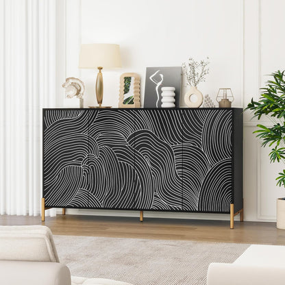 59" Buffet Cabinet, Wood Accent Cabinets with 4 Doors, Modern Cabinet with Adjustable Shelf, Credenzas for Living Room, Kitchen (Black)