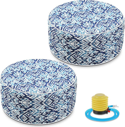 Cinnvoice 2 Pcs Inflatable Outdoor Ottoman Pouf Waterproof Round Footrest with Handle D21 x H9 Inch Indoor Outdoor Portable Footstool for Patio Garden Camping or Home Pool(Diamond Stripes)