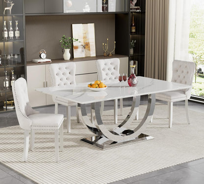 SSLine Modern White Marble Dining Table Set for 4,Luxury 69" Faux Marble Kitchen Table with Velvet Tufted Chairs for 4,5-Piece Dining Room Table Set with Silver Stainless Steel U-Shape Base