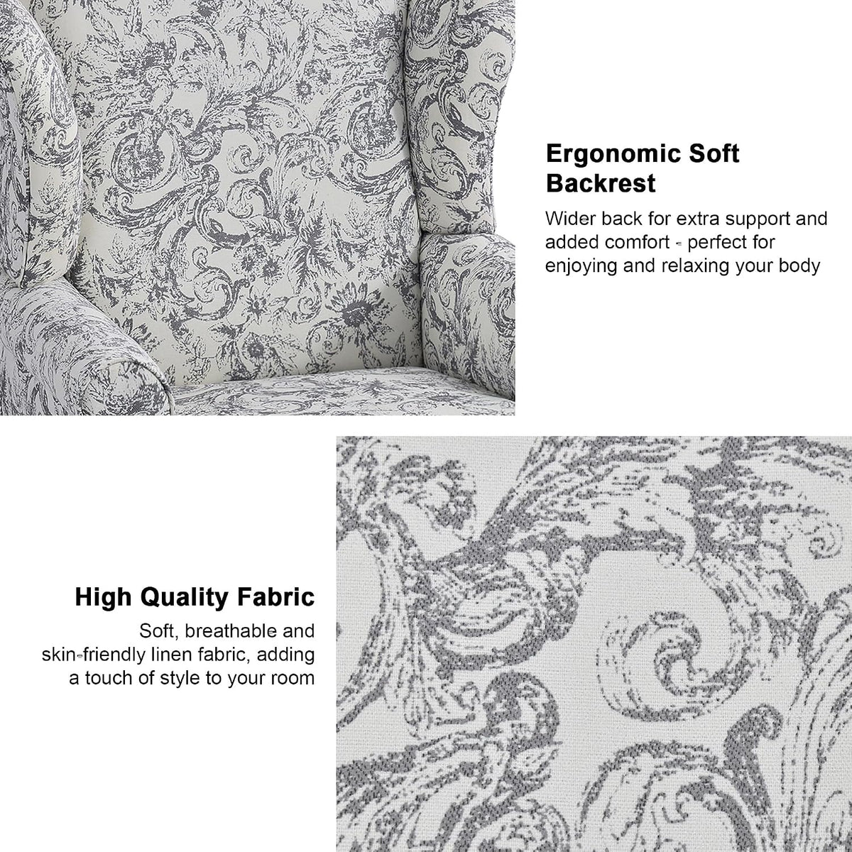 Mid-Century Modern Wingback Accent Chair, Rococo Light Grey, Set of 2 | High Back Upholstered Armchair with Solid Wood Legs, Comfy Single Sofa Reading Chairs for Living Room, Bedroom
