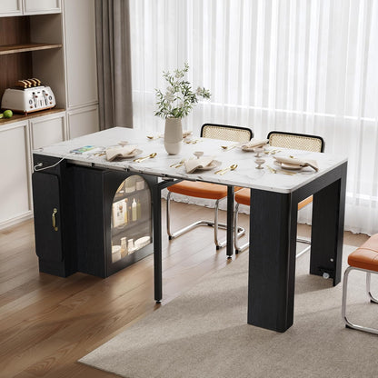 Extendable Dining Table with Storage, Transformer Console Table for 1-5 People, LED Mobile Rolling Island Table Space Saving Dining Room Table with Built-in Outlet for Homes, Apartments, Black