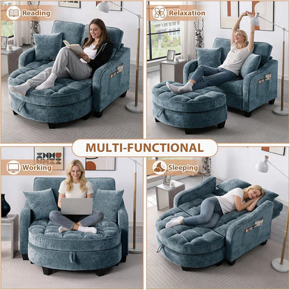 Oversized Curved Chaise Lounge Chair Indoor with Ottoman, 54.8" Cloud Reading Chair Soft Chenille Circle Couch w/Adjustable Backrest for Living Room, Apartroom, Bedroom, Blue