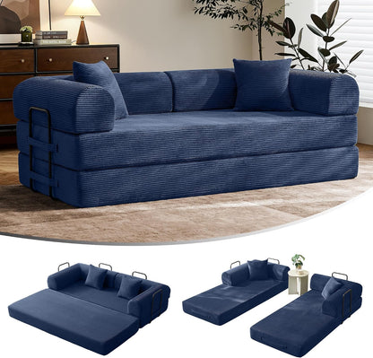 79" Convertible Futon Sofa Bed, Couch for Living Room | Blue | Folding Corduroy Sleeper Sofa, Modular Futon Couch with Fixed-Shape Frame, Pull Out Couch No Assembly