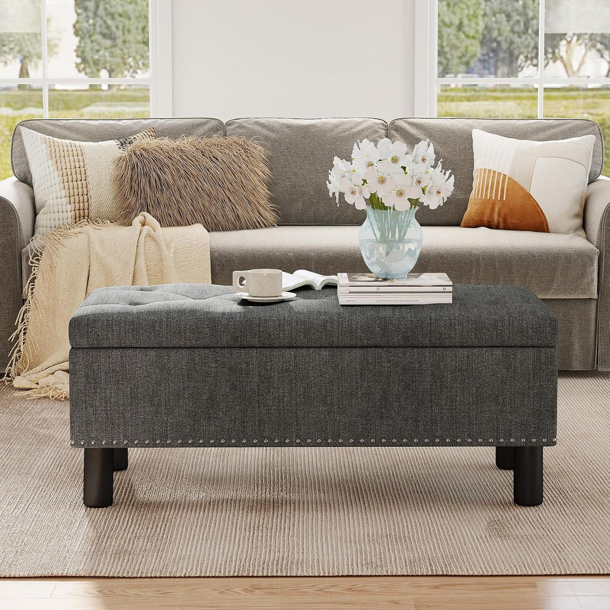 Furniliving 42" Ottoman with Storage, End of Bed Bench with Button-Tufted Large Upholstered Ottoman Entryway Bench Storage Bench for Bedroom, Living Room, Linen, Grey