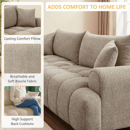 VANOMi Boucle Sofa Couch, 91" Comfy Tufted Upholstered Cloud Couches, Modern 3 Seater Sofa with Pillows, Oversized Deep Seat Sherpa Couch for Living Room, Bedroom, Apartment (Camel Color)