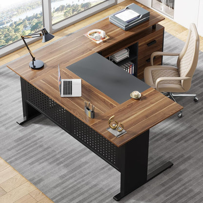 Tribesigns 63 Inch Executive Desk with Filing Cabinet, L Shaped Office Desk | Large Office Desk with File Drawer, L Shaped Desk with Storage, Computer Desk for Home Office, Easy Assembly, Brown and Black