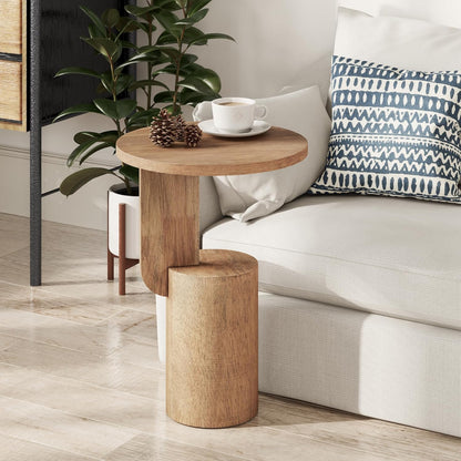 COZAYH Modern Farmhouse Small Drink Table with Geometric Design Base, Minimalist Tall End Table for Small Space, Natural