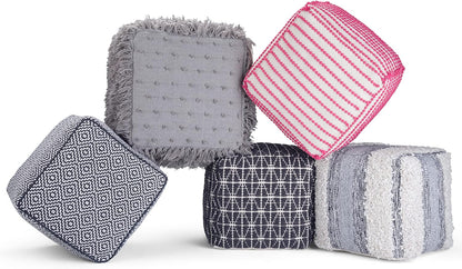 SIMPLIHOME Grady 18" Wide Square Pouf in Blue/Natural Wool and Cotton | Contemporary footstool, extra seating for living room with polystyrene bead filling, assembled; floor cushion or accent seat.