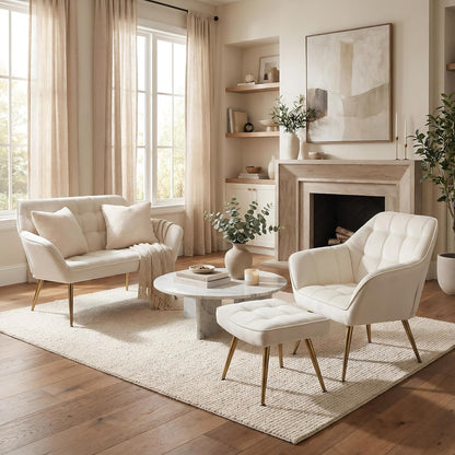 48”Small Loveseat Sofa, Modern Velvet Upholstered Mini Couch 2-Seater Fluffy Love Seat with Quilting Backs and Metal Legs for Small Space Living Room, Bedroom, Beige