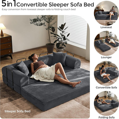 79" Convertible Futon Sofa Bed, Couch for Living Room | Dark Gray | Folding Corduroy Sleeper Sofa, Modular Futon Couch with Fixed-Shape Frame, Pull Out Couch No Assembly