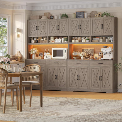 HOSTACK Modern Farmhouse Pantry Cabinet, 75" Tall Kitchen Pantry Storage Cabinet with Charging Station, RGB LED Light, Multi-Purpose Kitchen Storage Hutch Cabinets with Adjustable Shelves, Ash Grey